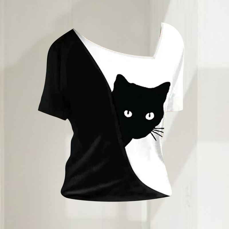 Diagonal Neck Black Cat T-Shirt