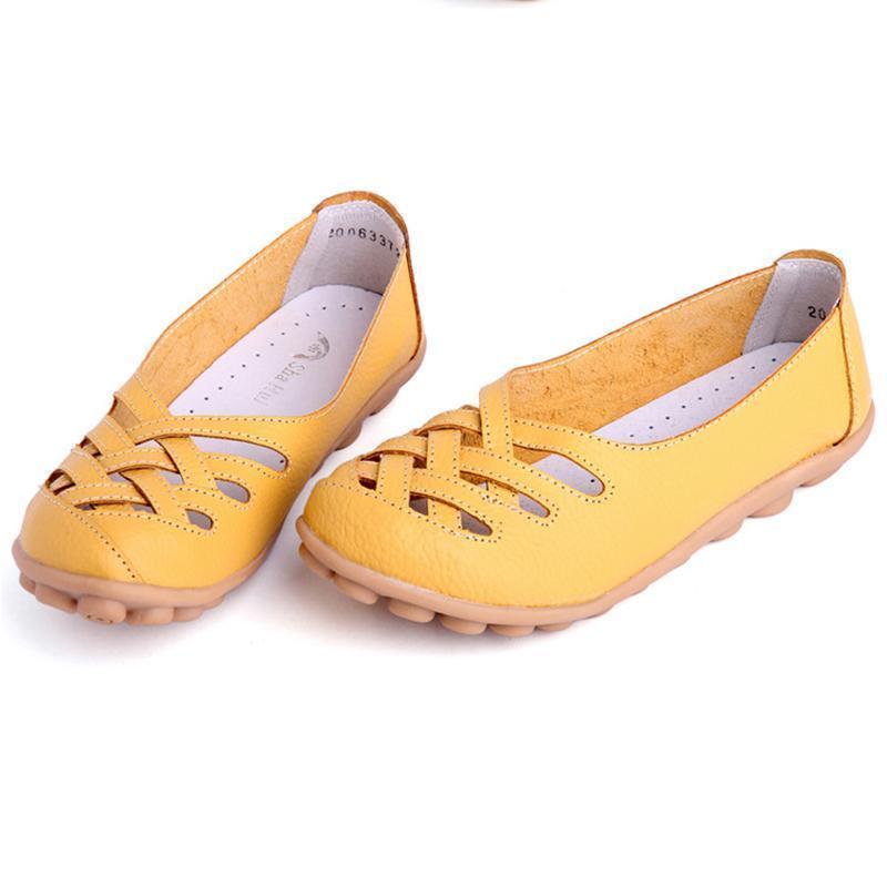 Hollow-Out Split Leather Slip-On Women's Flats