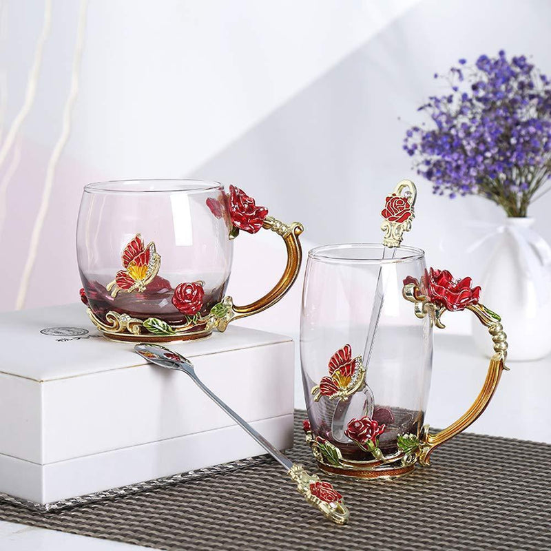 Enamel Rose Glass Tea Cup Set (With Spoon)