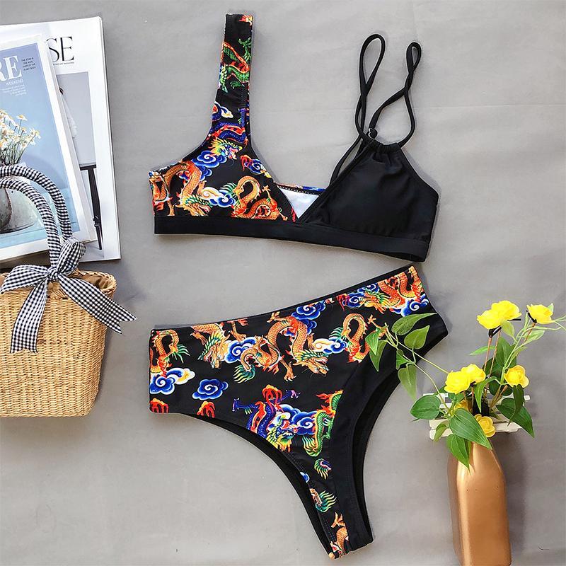 High-waist printed contrast swimsuit