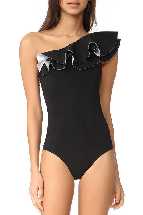 New Layered Ruffle One Shoulder One Piece Swimsuit in Black.MC