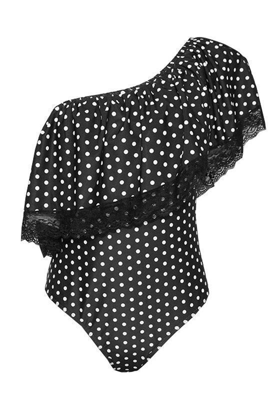 New Polka Dot Lace Splicing Ruffle Swimsuit in Black.AQ