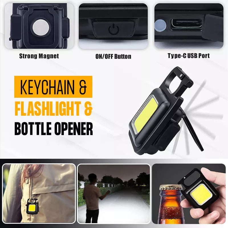 COB Mini Multifunctional Keychain LED Flashlight, 800Lumens USB Pocket Light with Folding Opener and Magnet Base